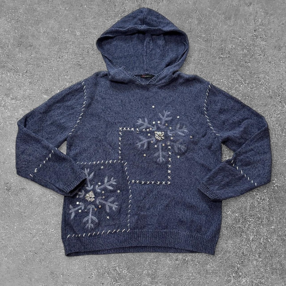 Empress Blue Ramie Cotton Hoodie Sweater Snowflake Embroidery Womens XL